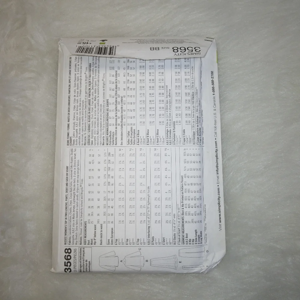 SIMPLICITY 3568 Sz 10-18 Easy-to-Sew Misses top 2 lengths pants skirt sash